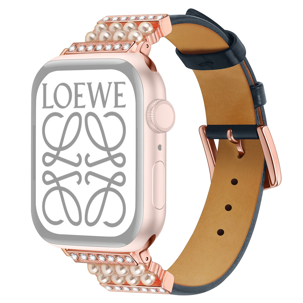For Apple Watch Series 9 8 7 41mm 6 5 4 SE (2023) SE(2022) SE 40mm 3 2 1 38mm Genuine Leather Pearl Rhinestone Decor Watch Band Wrist Strap For Apple Watch Series 9 8 7 41mm 6 5 4 SE (2023) SE(2022) SE 40mm 3 2 1 38mm Genuine Leather Pearl Rhinestone Decor Watch Band Wrist Strap